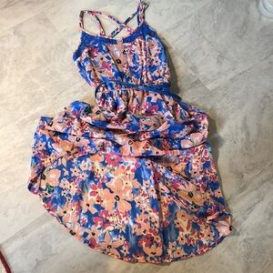 Candies Dress Hi lo hem blue multi floral Sheer top layer Lined  Sundress   Sz S